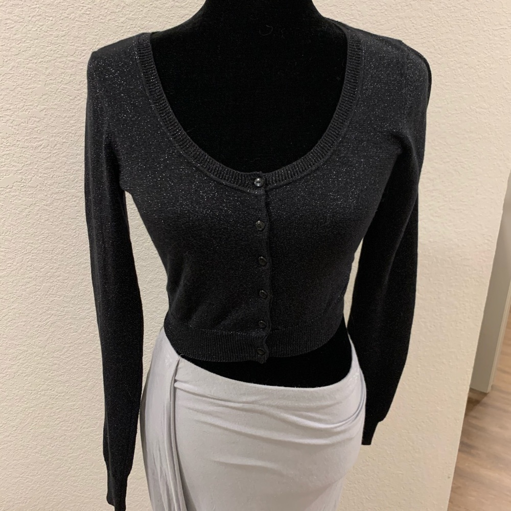 Black Metallic Long Sleeve Cropped Cardigan